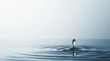 Close-up of a single water drop on a smooth surface, with a soft-focus background providing ample space on the right for copy or branding.の素材