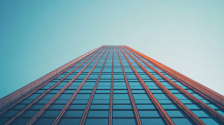 Close-up of a skyscraper upper section with a clean, neutral sky providing room for copy.の素材