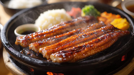 Close-up of a sizzling grilled eel fillet covered in a rich, sweet sauce, surrounded by side dishes like miso soup and rice.の素材