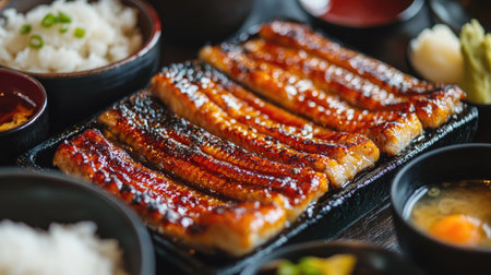 Close-up of a sizzling grilled eel fillet covered in a rich, sweet sauce, surrounded by side dishes like miso soup and rice.の素材