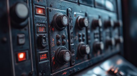 Close-up of a switchboard with various controls, leaving space for text on the right side.の素材
