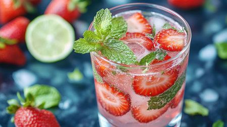 Close-up of a Tom strawberry drink in a clear glass, filled with strawberries, lime, and mint, beautifully arranged on a table.の素材