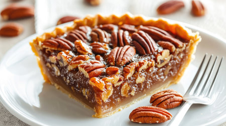 Close-up of a slice of pecan pie with a glossy, nutty filling, served on a white plate with a fork and a few pecans scattered around.の素材