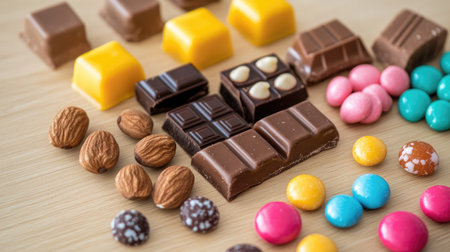 Close-up of a variety of candy pieces, including licorice, chocolate squares, and candy-coated nuts, set on a light wooden surface.の素材