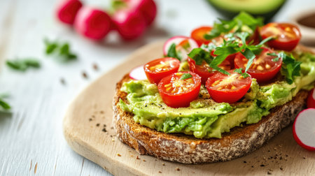 Close-up of a tasty avocado toast sandwich with cherry tomatoes and radishes, garnished with herbs on a light wooden table.の素材