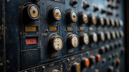 Close-up of a switchboard with various controls, leaving space for text on the right side.の素材