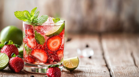 Close-up of a Tom strawberry drink in a glass, garnished with strawberries, lime, and mint leaves, placed on a light wooden table.の素材