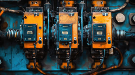 Close-up of a transformer with visible labels and a clear background above for text placement.の素材