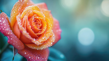 Close-up of a vibrant rose with dew drops, surrounded by a soft-focus background, offering ample space on the right for text or branding.の素材