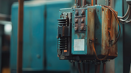 Close-up of a transformer with visible labels and a clear background above for text placement.の素材