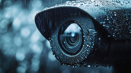 Close-up of a weatherproof CCTV camera with water droplets, leaving ample room for copy on the rightの素材