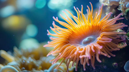 Close-up of a vibrant sea anemone with its tentacles fully extended, with a clean, blurred background providing ample copy space for text or branding.の素材