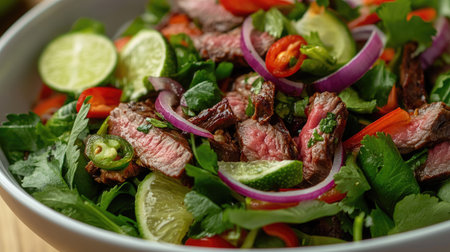 Close-up of a Thai beef salad with mixed greens, red onions, and a zesty lime dressing, arranged on a light wooden table.の素材