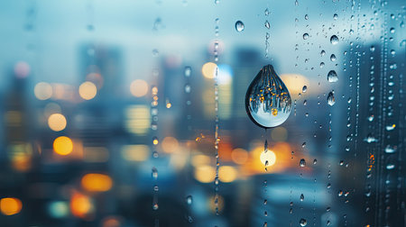 Close-up of a water drop on a glass window with a blurred cityscape, providing ample copy space on the side for text or logos.の素材