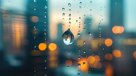 Close-up of a water drop on a glass window with a blurred cityscape, providing ample copy space on the side for text or logos.の素材