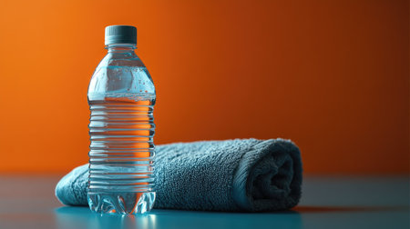Close-up of a water bottle with a gym towel, with a clean background providing room for text.の素材