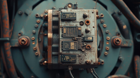 Close-up of a transformer with visible labels and a clear background above for text placement.の素材