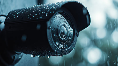 Close-up of a weatherproof CCTV camera with water droplets, leaving ample room for copy on the rightの素材