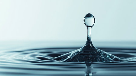 Close-up of a water drop on a smooth, textured surface, with a clean background offering plenty of space for text or logos.の素材