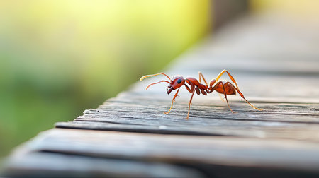 Close-up of an ant on a wooden plank, with room for text in the upper left cornerの素材
