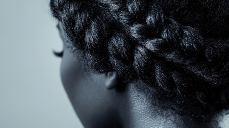 Close-up of a woman textured, coiled hairstyle, with plenty of copy space to the right.の素材
