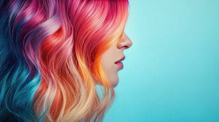 Close-up of a woman colorful dyed hair, styled in waves, with space on the right side for text.の素材