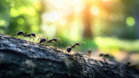 Close-up of ants crawling on a log with a blurred forest background, leaving space for text on the right.の素材