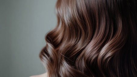 Close-up of a woman long, wavy hair cascading over her shoulders, with a plain background providing room for copy space on the right.の素材