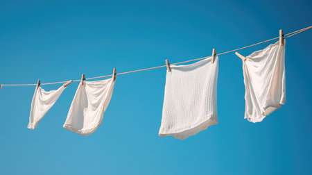 Close-up of clothes hanging on a clothesline with a clear blue sky background, providing ample space for text.の素材