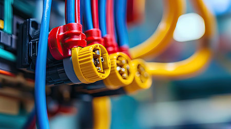 Close-up of electrical connectors with a large empty space in the background for copy.の素材