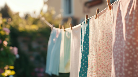 Close-up of clothes drying on a clothesline with a soft-focus, neutral background for ample room for text.の素材