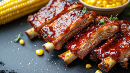 Close-up of juicy roasted pork ribs with a spicy glaze, displayed on a dark marble surface with a side of corn on the cob and a few herbs.の素材
