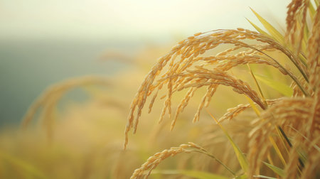 Close-up of golden rice ears in the breeze, with space for text in the soft-focus sky.の素材