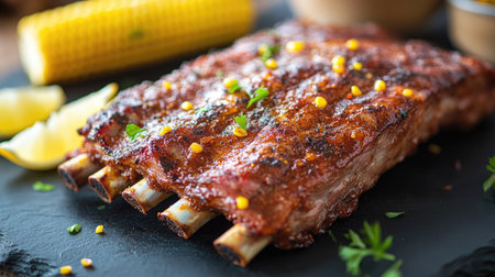 Close-up of tender roasted pork ribs with a spicy rub, served on a dark slate surface with a side of grilled corn and a few lemon wedges.の素材