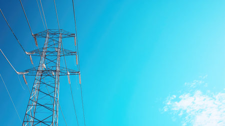 Close-up of high-voltage electrical pylons with a large clear blue sky as a backdrop. Perfect for overlaying text or graphics.の素材