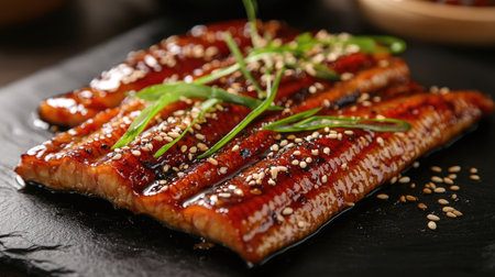 Close-up shot of grilled Japanese eel with soy-based sauce, garnished with sesame seeds and green onions, on a black slate plate.の素材