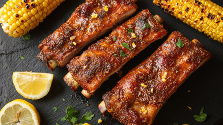 Close-up of tender roasted pork ribs with a spicy rub, served on a dark slate surface with a side of grilled corn and a few lemon wedges.の素材