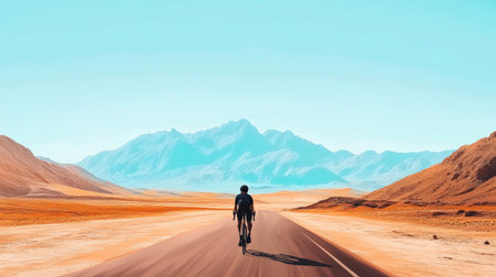 Cyclist riding through a desert road, with open sky and ground for text.の素材