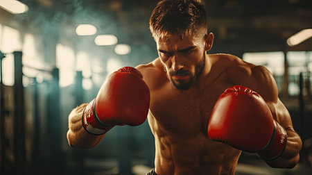 Boxer training in a gym, with ample space for text in the background.の素材