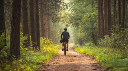 Cyclist riding through a forest trail, with open space for copy in the trees.の素材
