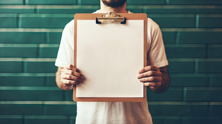 Basketball coach holding a clipboard, with a blank court background for copy.の素材