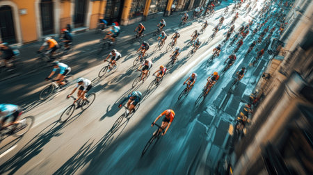 Cyclists racing down a city street, viewed from above with buildings in the background.の素材