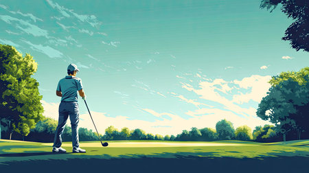 Golfer lining up a drive shot, with wide-open green and sky for text.の素材
