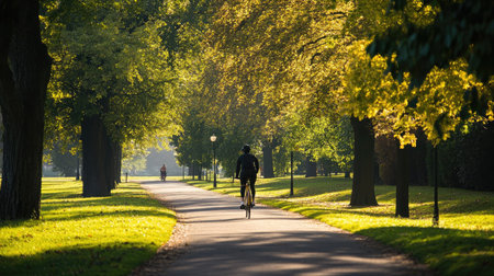 Cyclist riding through a park, with trees and pathway offering space for copy.の素材
