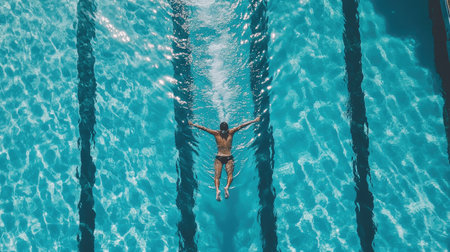 A swimmer doing laps in a pool, seen from above with clear lane lines.の素材