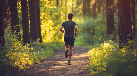 Runner jogging on a forest trail, with ample space for text in the trees.の素材