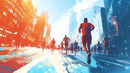 Marathon runners jogging through a city street, with space in the sky for text.の素材