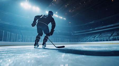 Ice hockey player skating across the rink, with room for copy in the ice and arena.の素材