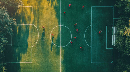 Soccer player dribbling down the field, captured from above with defenders in pursuit.の素材