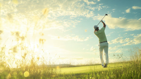 Golfer hitting a drive, with open green and sky for copy.の素材